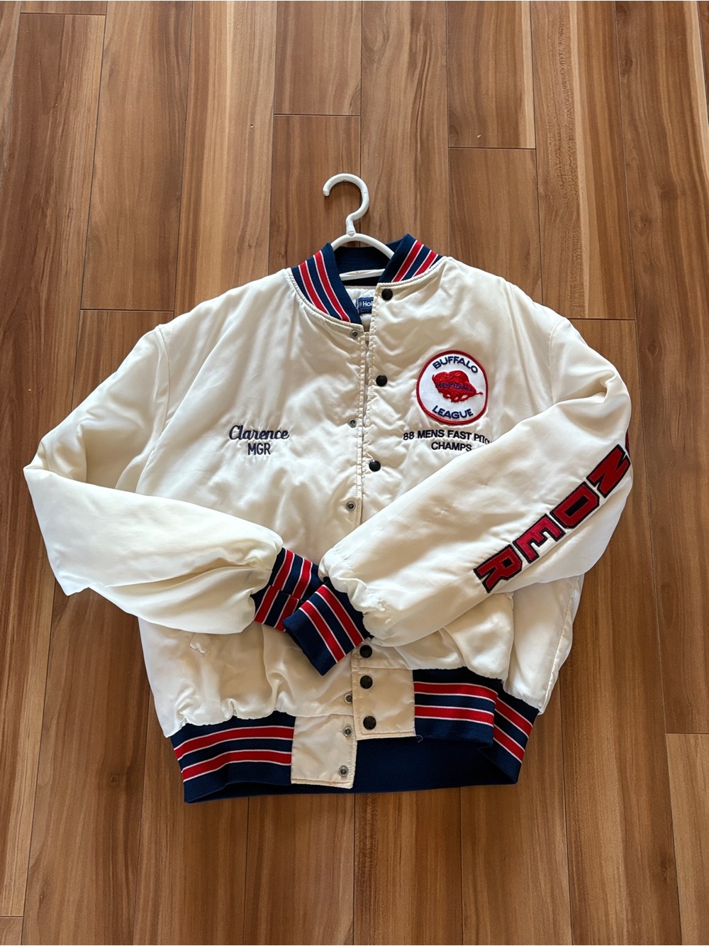 Vintage Buffalo League Cream Varsity Jacket with Navy & Red Trim Oversized fit